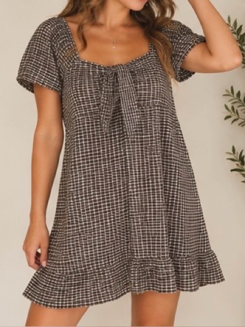 Sanctuary Black Cream Plaid Gingham Babydoll Mini Dress XL - Picture 4 of 4